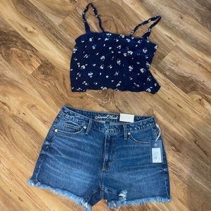 Hollister Floral Crop Top Adjustable Straps Blue